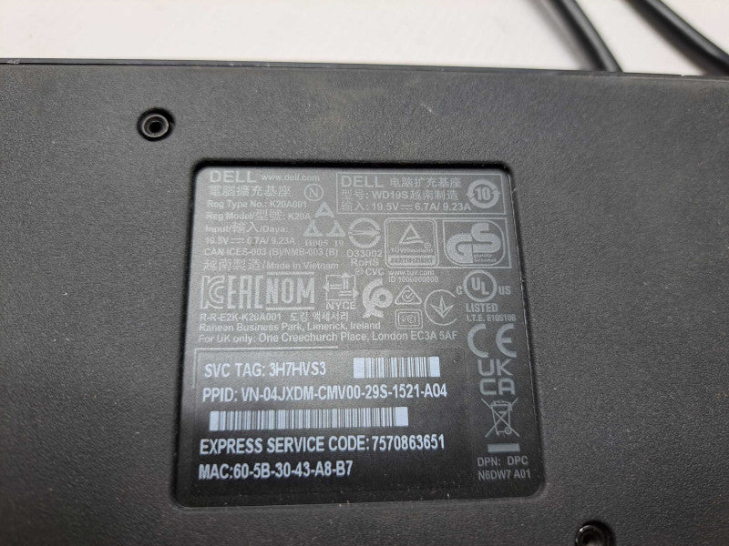 Dell WD19S USB Type-C Docking Station Black K20A Fully Tested + 90W Adapter )