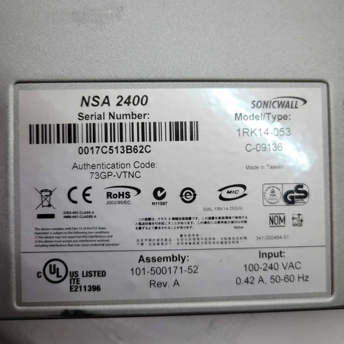 SONICWALL NSA 2400 1RK14-053 Network Security Appliance