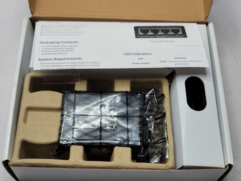 Startech 4-Port Gig PoE+ Injector Midspan Hub 52V/30W-802.at/802.3af POEINJ4G _