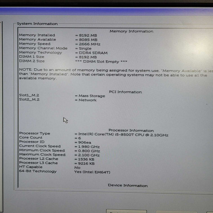 Dell Optiplex 3060 Intel Core i5 - 8500T CPU @ 3.00GHz 8GB DDR4 Ram !
