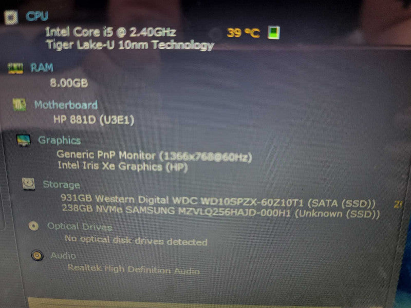 HP Laptop 15-dw3017ca i5-1135G7, 8GB DDR4, 256GB m.2 + 1TB HDD  Î²