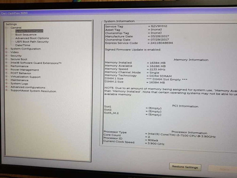 Dell OptiPlex 3050 MT i3 - 7100 CPU @ 3.90GHz 16GB DDR4 Ram