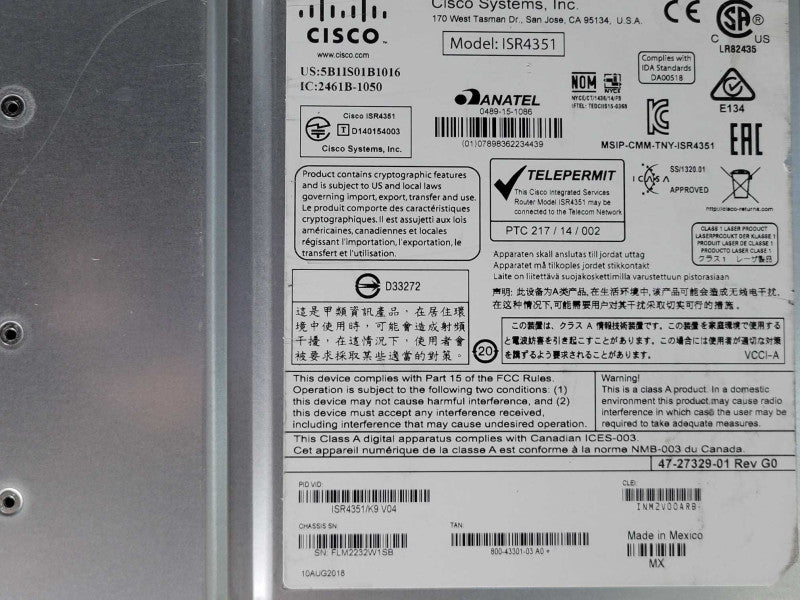Cisco ISR4351/K9 ISR 4351 Series Integrated Services Router No CLOCK ISS, SEE _