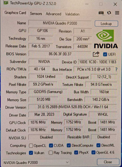 Nvidia Quadro P2000 5GB GDDR5 1024 CUDA Cores GPU 4x DP 1.4 )