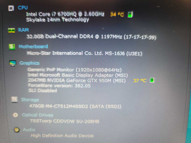 MSI Laptop GL62 6QD i7-6700HQ @ 2.60, 32GB DDR4, 2GB GTX 950M, 512GB m.2  Î²