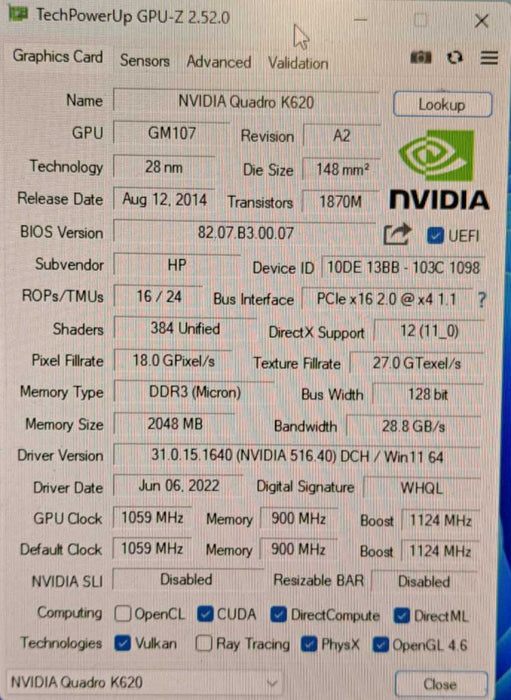 Nvidia Quadro K620 2GB DDR3 PCIe x16 Graphics Card DVI DP Low Profile Q)