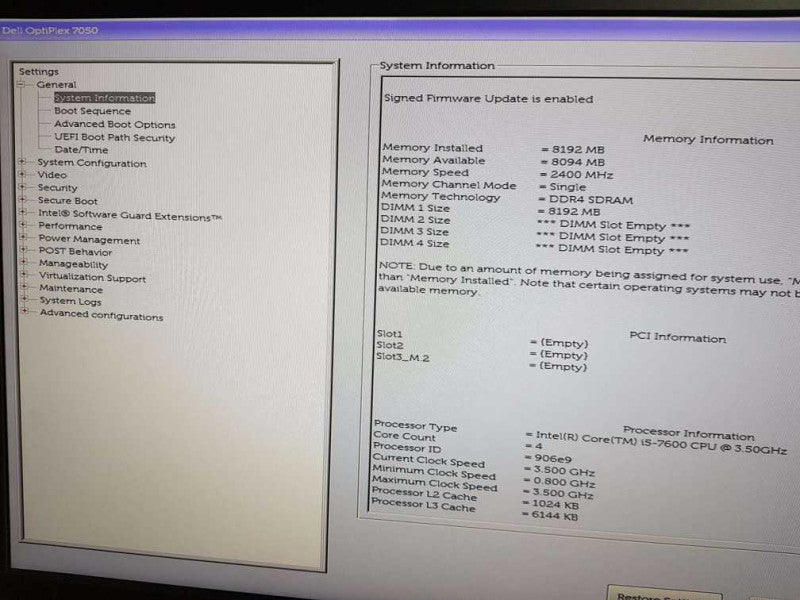 Dell OptiPlex 7050 SFF Desktop i5 - 7600 CPU @ 3.50GHz 8GB DDR4 Ram