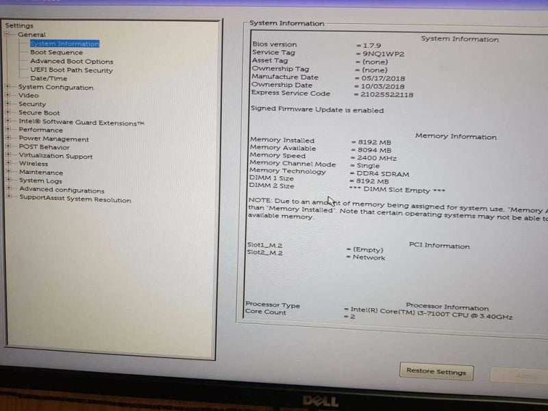 Dell OptiPlex 3050 Micro USFF i3 - 7100T CPU @  3.40GHz 8GB Ram