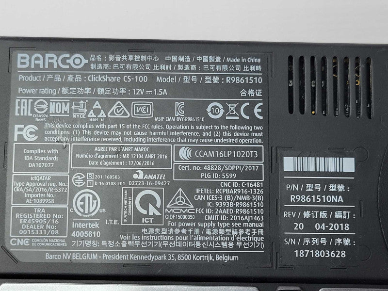 Barco ClickShare CS-100 Wireless Presentation System R9861510NA _