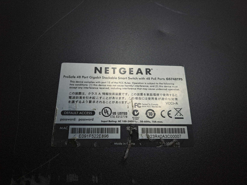 Netgear ProSafe GS748TPS 48-Port Gigabit PoE Ethernet Smart Switch + Ears )