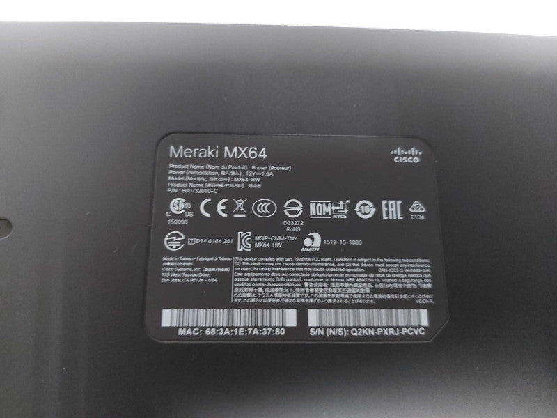 Cisco Meraki MX64 Cloud Managed Firewall Security Appliance MX64-HW UNCLAIMED #