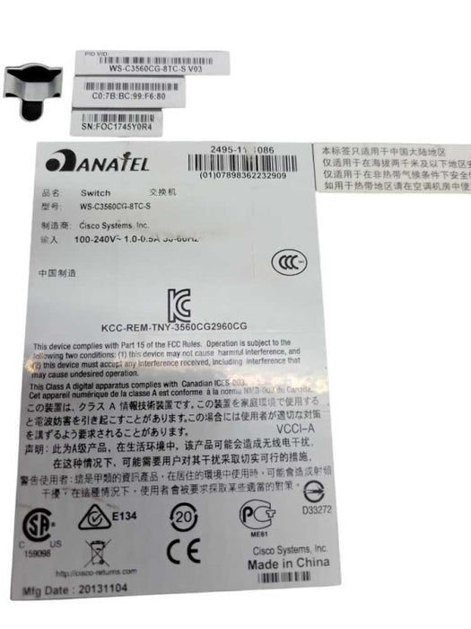 Cisco WS-C3560CG-8TC-S 8-Port GE 2-Port SFP/RJ45 Combo Compact Switch