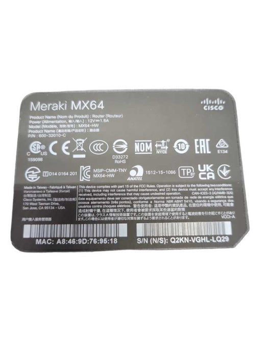 Cisco Meraki MX64-HW Cloud Managed Security Appliance Unclaimed