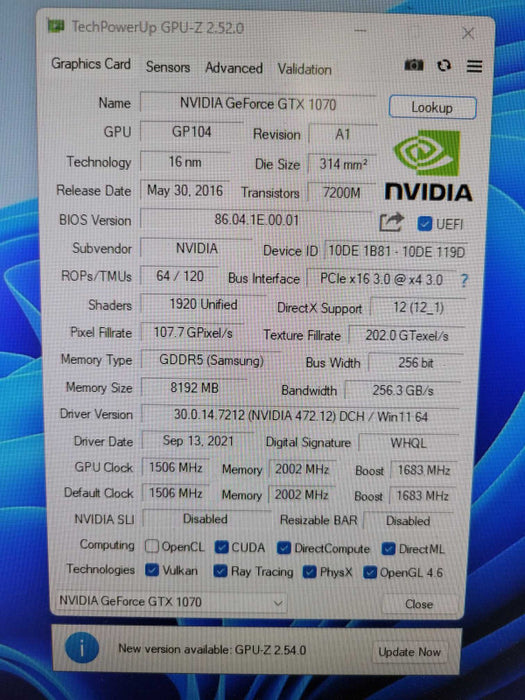 NVIDIA GTX 1070 8GB PCIE