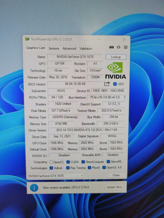 ASUS NVIDIA GTX 1070 8GB PCIE