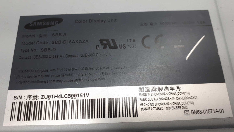 Samsung Colour Display Unit Model: SBB-A Model Code: SBB-D16AX2/ZA &