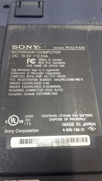 Sony VAIO PCG-F420 IntelÂ® PentiumÂ® III 450 MHz processor, Vintage Laptop &