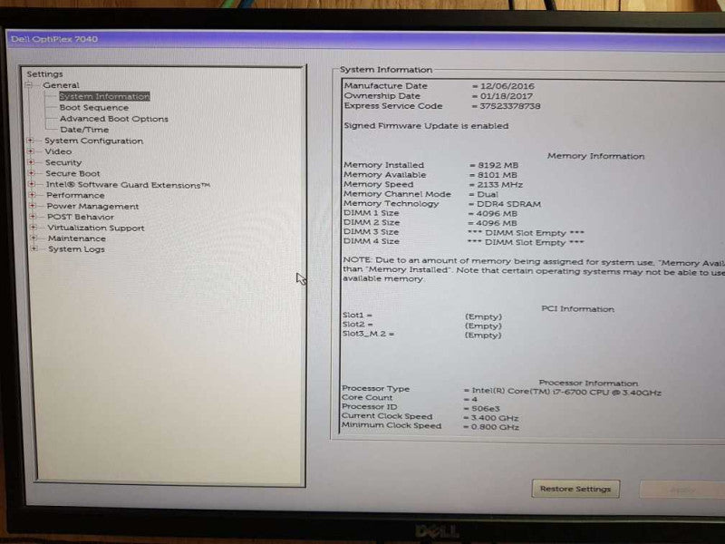 Dell OptiPlex 7040 SFF Core i7- 6700 CPU @ 3.40GHz 8GB DDR4 RAM Q