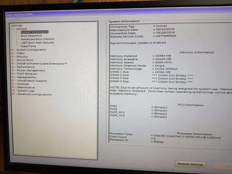 Dell OptiPlex 7060 SFF i7- 8700 CPU @  3.20GHz 16GB DDR4 Ram