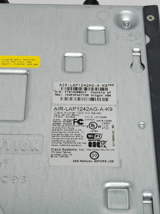Cisco AIR-LAP1242AG-A-K9 Aironet 1240 Wireless Access Point Dual Antenna Q
