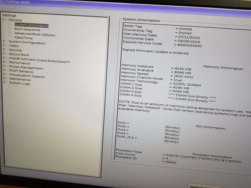 Dell Optiplex 5040  Intel  Core i7- 6700 CPU  @ 3.40GHz 8GB RAM