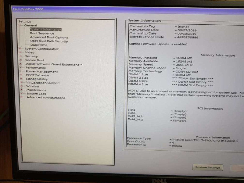 Dell OptiPlex 7060 SFF Intel i7- 8700  CPU @ 3.20GHz 16GB DDR4 Ram Q