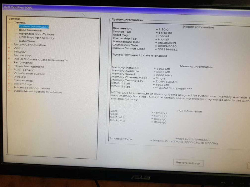 Dell OptiPlex 3060 SFF i5 - 8500 CPU @ 3.00GHz 8GB DDR4 Ram Q