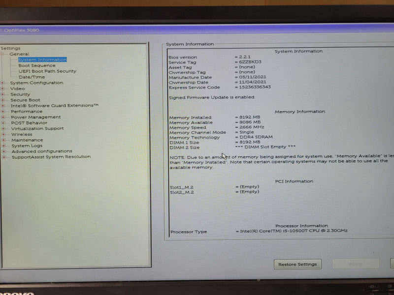 Dell OptiPlex 3080 SFF Core i5-10500T 2.3GHz 8GB DDR4 RAM, w/ Power Adapter _