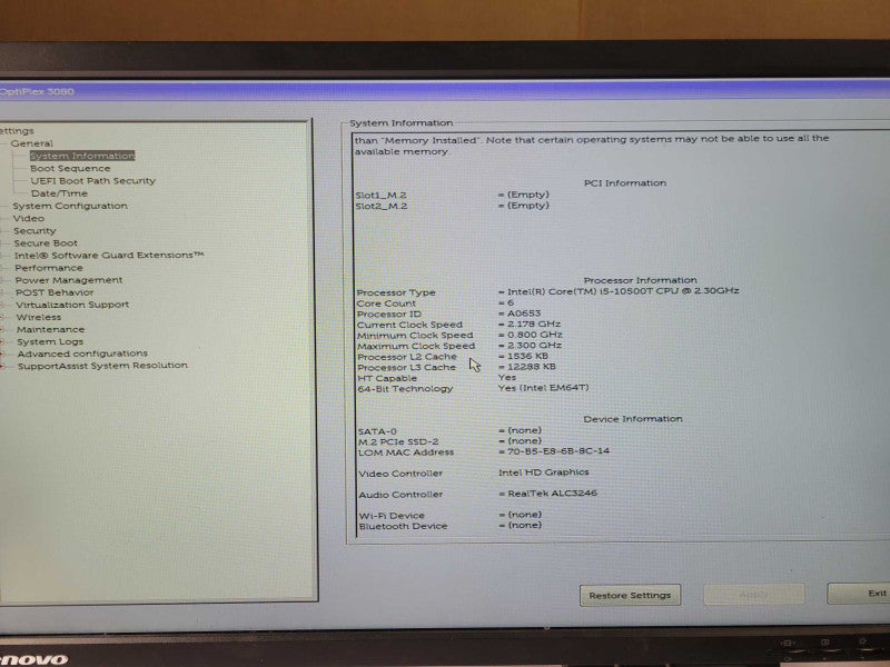 Dell OptiPlex 3080 SFF Core i5-10500T 2.3GHz 8GB DDR4 RAM, w/ Power Adapter _