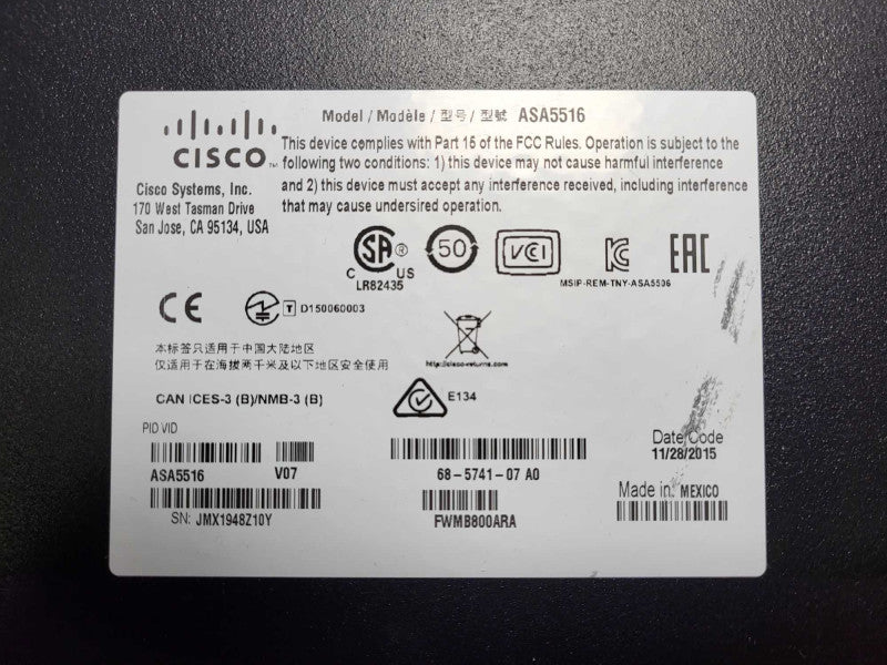 Cisco ASA 5516-X Firewall Adaptive Security Appliance / Not Affected Serial $