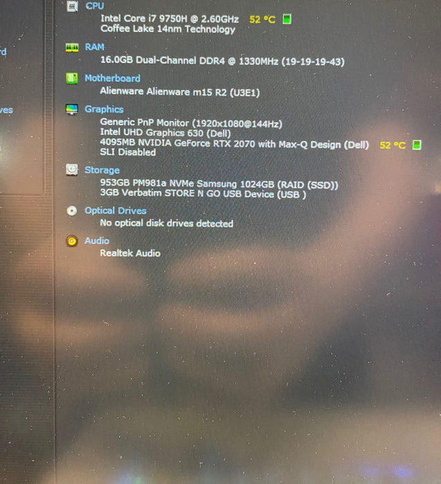 ALIENWARE Gaming Laptop M15 R2 i7-9750H RTX 2070 4GB 16GB RAM 1TB NVMe READ!