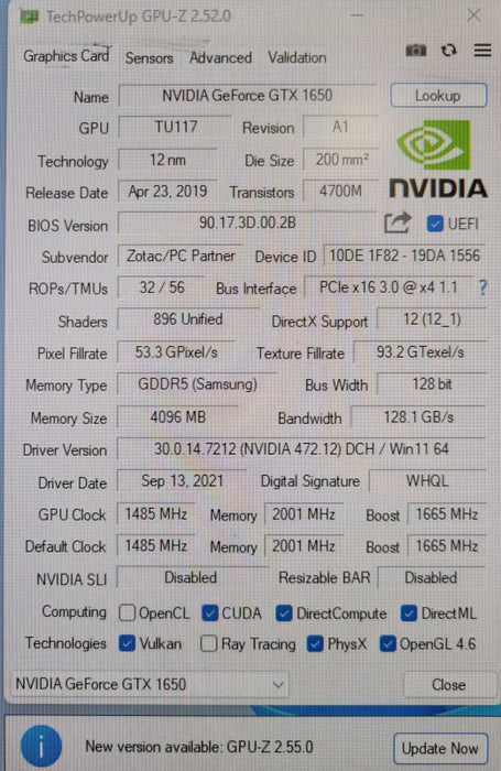 Zotac Gaming GeForce GTX 1650 LP 4GB 128BIT GDDR5 Graphics card _