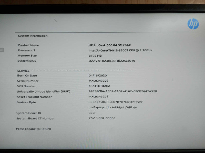 HP ProDesk 600 G4 I5-8500T @ 2.10ghz / 8gb ram / READ Q#