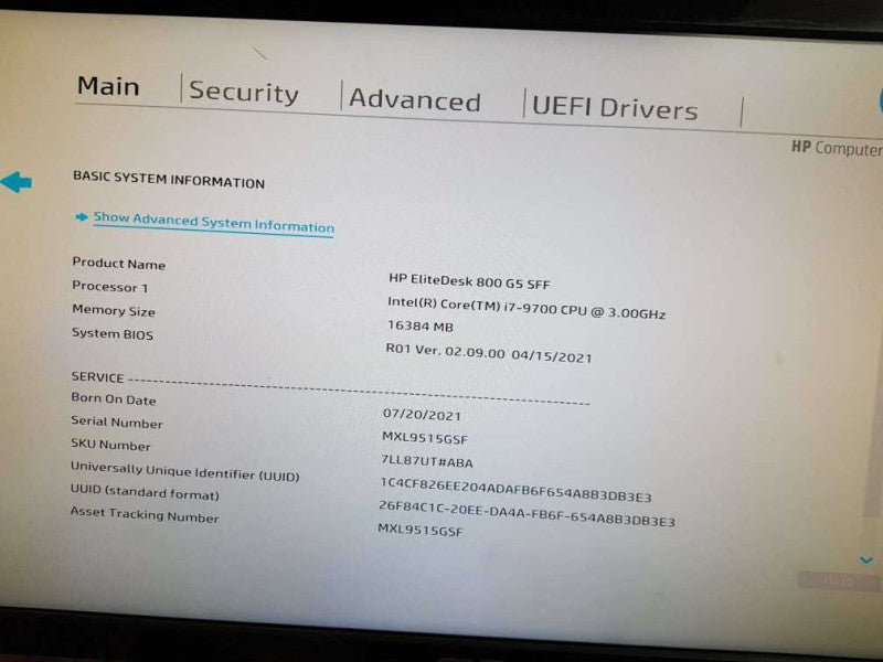 HP EliteDesk 800 G5 SFF i7-9700 CPU @ 3.00GHz 16GB DDR4 Ram