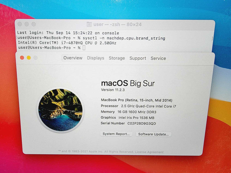 Apple Macbook Pro Retina 2014 15\\" Core i7-4870HQ @ 2.5GHz 16GB DDR3 120GB SSD [Read] (