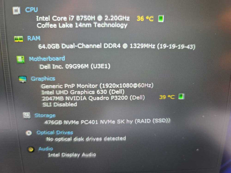 Dell Precision 7730 i7-8650H, 64GB DDR4, 2GB Quadro P3200, 500GB