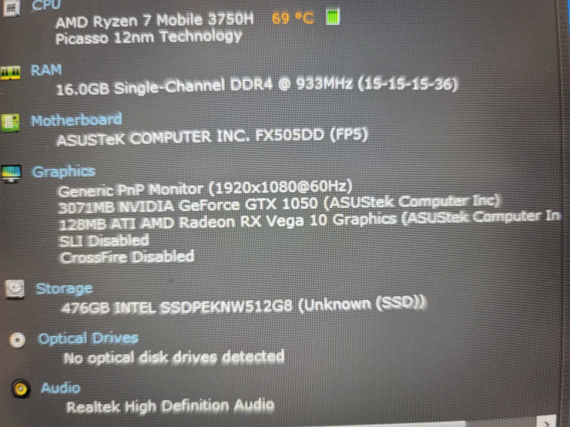 ASUS Tuf FX505D AMD Ryzen 7 3750H, 16GB DDR4, 3GB GeForce GTX 1050, 500GB SSD
