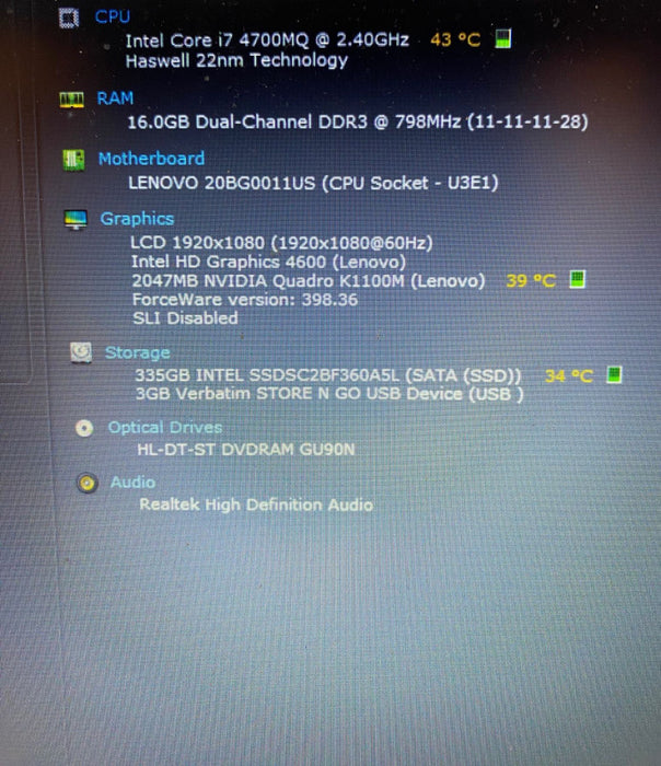 Lenovo ThinkPad W540 Workstation Core i7-4700MQ Quadro K1100 2GB 16GB 360 SSD