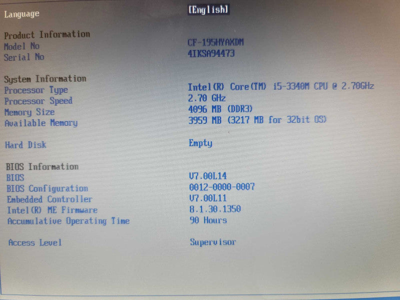 Panasonic ToughBook CF-19 i5-3340M, 4GB DDR3, NO HDD, NO HDD CADDY, 90 HOURS  Î²