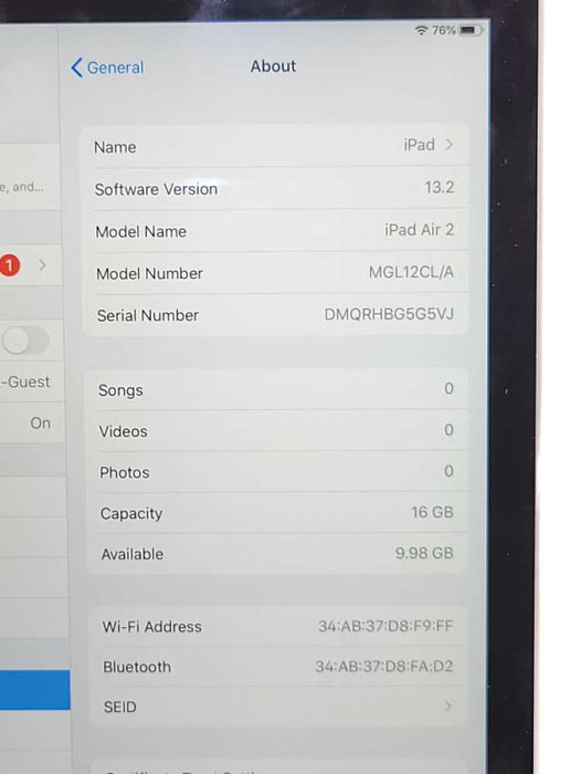 Apple iPad Air 2 A1566 (WiFi) 16GB Space Gray Q_