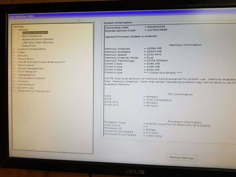 Dell OptiPlex 7060 SFF i5 - 8500 CPU @ 3.00GHz 16GB DDR4 Ram