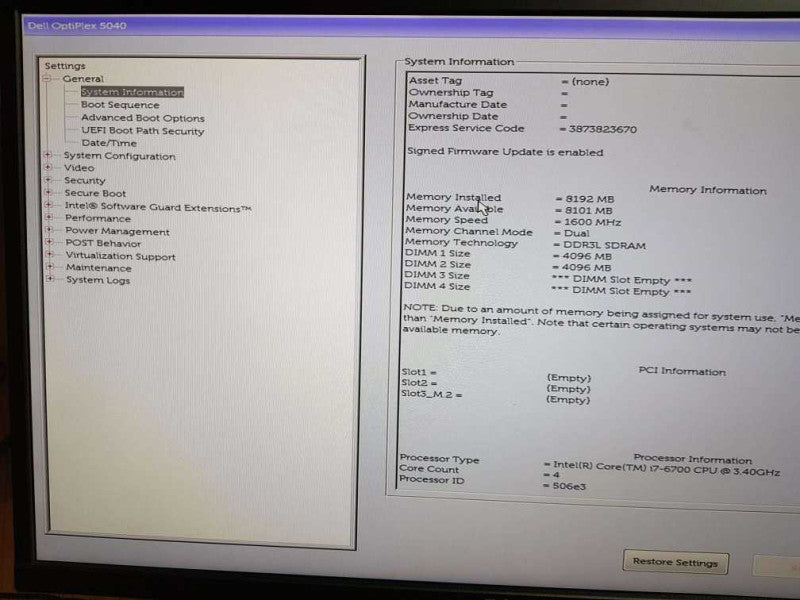 Dell OptiPlex 5040 SFF Intel Core i7- 6700 CPU @ 3.40GHz 8GB RAM