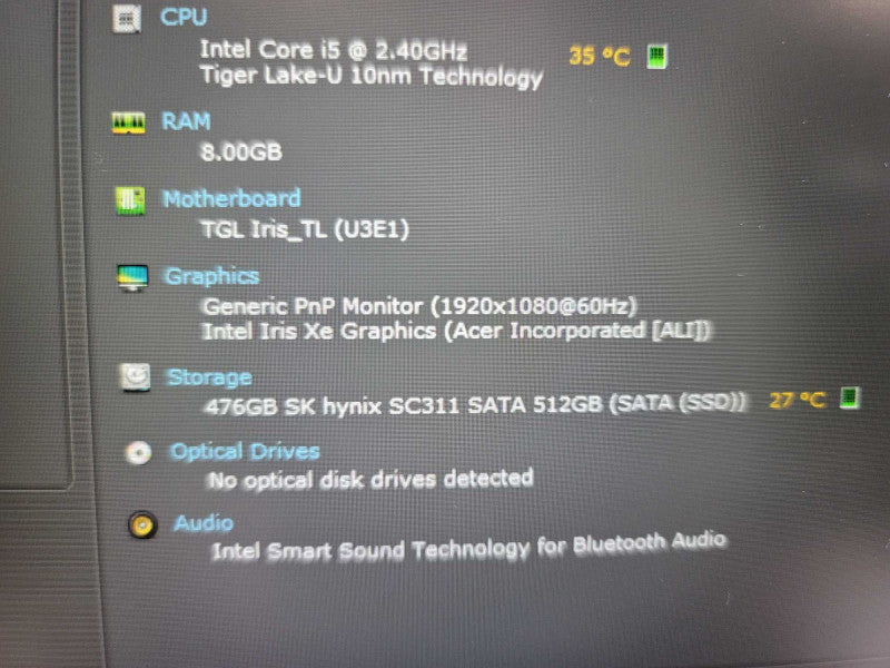 Acer Aspire 5 i5-1135G7 @ 2.40GHz, 8GB DDR4, 512GB m.2  **READÎ²