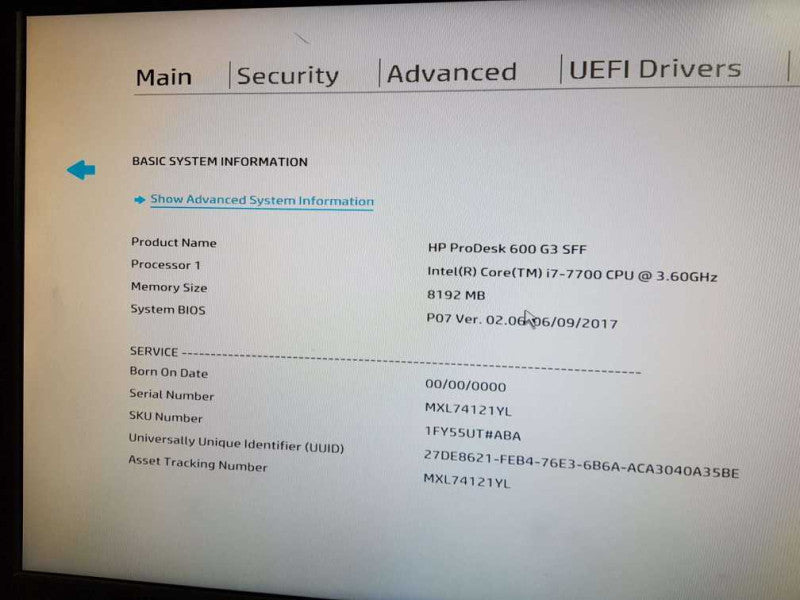 HP - ProDesk 600 G3 SFF - Intel(R) Core(TM) i7-7700 CPU @ 3.60GHz - 8 GB DDR4 Q
