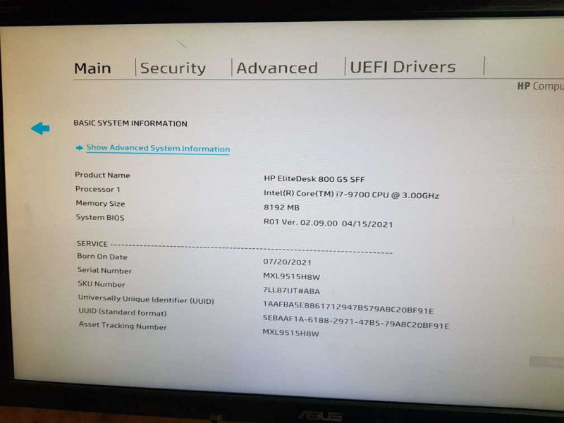 HP EliteDesk 800 G5 SFF i7- 9700 CPU @ 3.00GHz 8GB DDR4 Ram Q