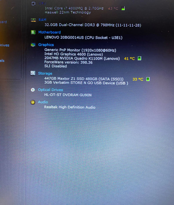 Lenovo ThinkPad W540 Workstation Corei7-4800MQ QUADRO K1100M 2GB 32GB 480 SSD