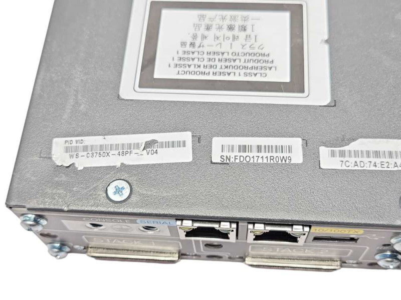 Cisco WS-C3750X-48PF-L 48-Port PoE Gigabit Switch 1x PSU, 1x C3KX-NM-1G _