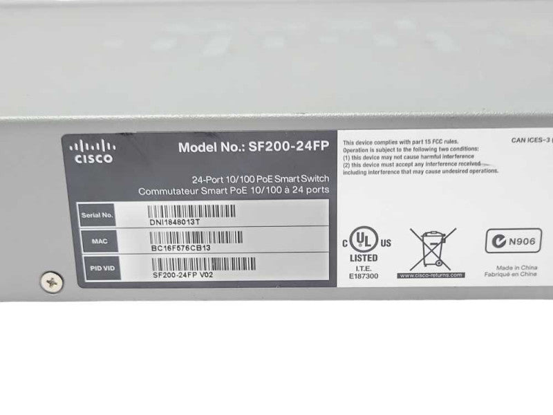 Cisco SF200-24FP 24x 10/100M PoE RJ45 2x SFP Smart Switch w RackMount Ears _