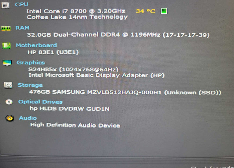 HP EliteDesk 800 G4 SFF i7-8700@ 3.20GHz, 32GB DDR4, 512GB m.2  Î²