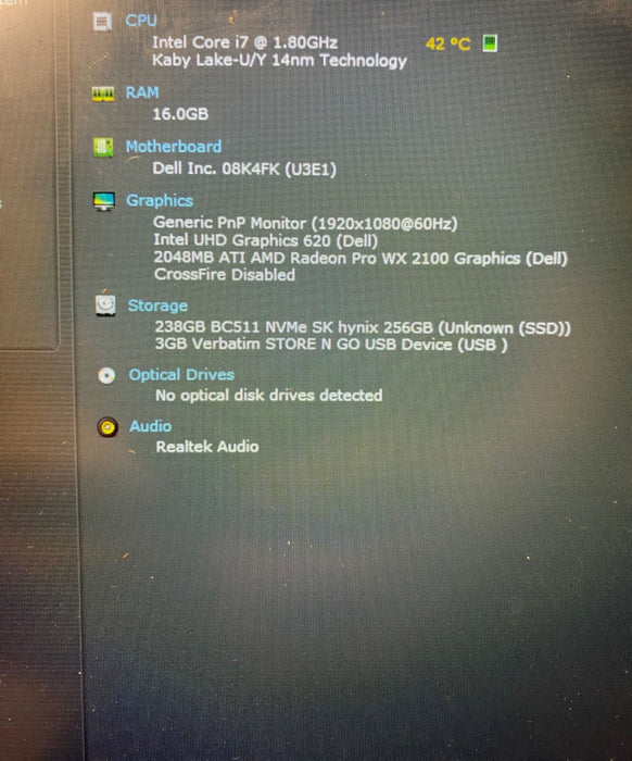 DELL PRECISION 3540 Core i7-8565U Radeon Pro WX2100 2GB 16GB RAM 256GB SSD